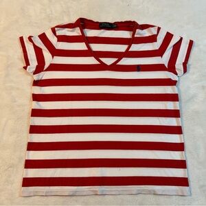 Womens Red and White Stripped Ralph Lauren Polo V-Neck Tee